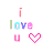 Pixelated 'i love u' text with pink heart icon, each letter in distinct pastel colors on white background.