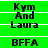 Green background with black text displaying 'Kym And Laura' and 'BFFA' in a pattern, showing pixelated text variations across frames