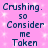 Pixelated text on a pink background with white sparkles, repeating 'Crushing. so Consider me Taken' in two