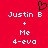 Red background with white pixelated text reading "Justin B + Me 4-evo" and a black heart outline above the left copy of the text.