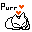 Pixelated white cat with black outline curled in a ball, orange hearts floating above, 'Purr' text in top-left corner, gray background.