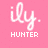 Pixelated pink background with white text 'ily.' above 'HUNTER' in blocky font.