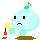 Pixelated cartoon character with light blue body, black eyes, and green musical note on head holding yellow tool with red tip.