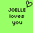 Green background with black pixelated text 'JOELLE loves you' and a heart symbol above the name.