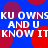 Blue background with red circular shapes and repeated white text reading "KU OWNSKU OWNS AND U AND U KNOW ITKNOW IT" in pixelated font.