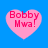 Four pink heart-shaped icons with red text "Bobby Mwa!" on a blue background, arranged in a