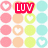 Pixelated of pastel circles with heart symbols and text overlays in red, orange, and blue
