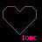 Pixelated heart-shaped icons with layered outlines in pink, green, cyan, yellow, and orange hues on black background; each icon has 'love' text below.