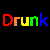 Pixelated text logo spelling 'Drunk' in rainbow colors on a black background, each letter rendered as distinct blocky pixels with no additional visual elements or animation.