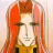 Pixelated portrait of a figure with long red hair, neutral expression, and yellow garment against light background.