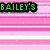Pixelated text 'BAILEY'S' in green, 'CLUB' in blue, and 'RULES!' in pink on striped backgrounds with horizontal bands of pink, white, blue, teal, and green.
