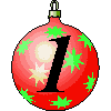 Six hanging Christmas ornaments with black number 1s, each in a different color scheme and star pattern against gray background.
