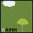 Pixelated green background with white cloud and rain, yellow umbrella below, text "RAIN" at bottom left.