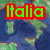 A pixelated map of Italy with green landmasses and blue water, featuring red-outlined text 'Italia' at top left and 'amo italia' at bottom left in the first frame, transitioning to a heart symbol replacing 'Italia' in the second frame.