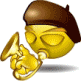 Animated yellow emoji with brown beret holding golden trumpet, eyes closed then opening to blue irises with musical notes appearing near mouth.