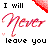 Animated contact sheet of a 4x3 grid showing sequential frames of an AIM buddy icon with changing text and red corner accents, displaying the phrase "I will never leave you" in varying states of animation.