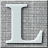 A light gray capital letter L with a subtle gradient and shadow effect on a pixelated gray background.