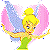 Pixelated static icon of a cartoon fairy character with yellow hair, blue wings, and green dress against gray background.