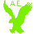 Pixelated eagle silhouette with outstretched wings, each wing tip showing pixelation effect; text "A.E." above the head in matching color.