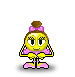 Yellow cartoon character with pink ballet skirt and brown bun, performing various dance poses on white cloud-shaped base.