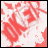 Red and white pixelated animation of stylized text with scattered fragments, showing motion blur
