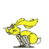 Yellow cartoon rabbit in six sequential poses on gray background, showing movement from crouched to extended stance with tail and ears flowing.