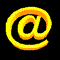 Yellow @ symbols in various 3D orientations on black background, some with visible rotation or tilt.
