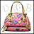 Pixelated static icon of a colorful handbag with floral patterns and metallic accents against a white background, surrounded by faint pixelated letters.
