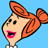 Pixelated cartoon-style icon of a female character with orange hair styled in a large side ponytail, pink lips, and black eyes against a solid light blue background.
