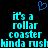 Pixelated cyan text on black background with blue heart symbol above, displaying 'it's a roller coaster kinda rush' in two mirrored