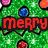 Green textured background with colorful circular ornaments and pixelated text reading 'merry' in red, 'christmas' in green.