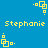 Yellow pixelated text 'Stephanie' on blue background with yellow square-and-dot animation elements.