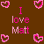 Brown background with four pink pixelated heart icons and centered text reading 'I love Matt' in varying shades of pink.
