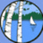 Circular landscape icon with birch tree, lake, sailboat, and green hills on light blue background, next to green text on solid blue background.