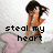 Pixelated anime-style character with brown hair and orange outfit stands on pink platform, text below reads 'steal my heart' then changes to 'i dare you'.