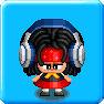 Pixel art character with black curly hair, red hat, and red dress wearing blue headphones on a blue background.