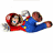 Pixelated character in red and blue outfit lying on back with arms outstretched, alongside a flower-like creature with green leaves and yellow-red petals, and another character in red throwing fireballs.