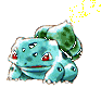 Pixelated blue frog-like creature with red eyes and green leaf on back, shown in four of four identical frames with yellow sparkles above head in top two