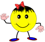 Yellow circular cartoon character with black hair, red polka-dot bow, pink hands, blue shoes with red trim, smiling face waving left hand against gray background.