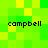 Pixelated green and yellow background with four instances of the text 'campbell' in black lowercase letters positioned in the corners