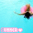 A pixelated image of a person in a black swimsuit floating on a pink inflatable ring in light blue water, with 'SUMMER' text and symbols below.