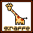 Pixel art giraffe with orange-brown spots on a light tan body, standing in profile against white background within red and black border.