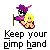Pixel art character with purple hat and pink accents holding a flag, paired with text phrases below.