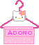 Pixel art of a white cat head with gray whiskers and yellow nose on a pink hanger, holding two different text labels.