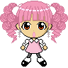 Pixel art doll avatar with pink pigtails, pink dress, and black-and-white shoes in various facial expressions.