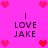 Pixelated pink background with repeated 'I LOVE JAKE' text and heart symbols in red/pink hues. Four identical quadrants display the same content arrangement.