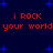 Dark blue background with scattered blue star shapes and red pixelated text repeating 'i ROCK your world' in two