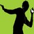 Black silhouette of a figure with outstretched arms against a green background, holding a glowing object in the right hand.