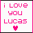 12 pixel-art icons with pink text "i LOVE you LUCAS" and a heart symbol, where the 'O' in 'LOVE' alternates between black and white across frames