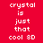 Red background with white pixelated text reading 'crystal is just that cool 8D' arranged in a , with yellow rectangular blocks shifting positions across frames